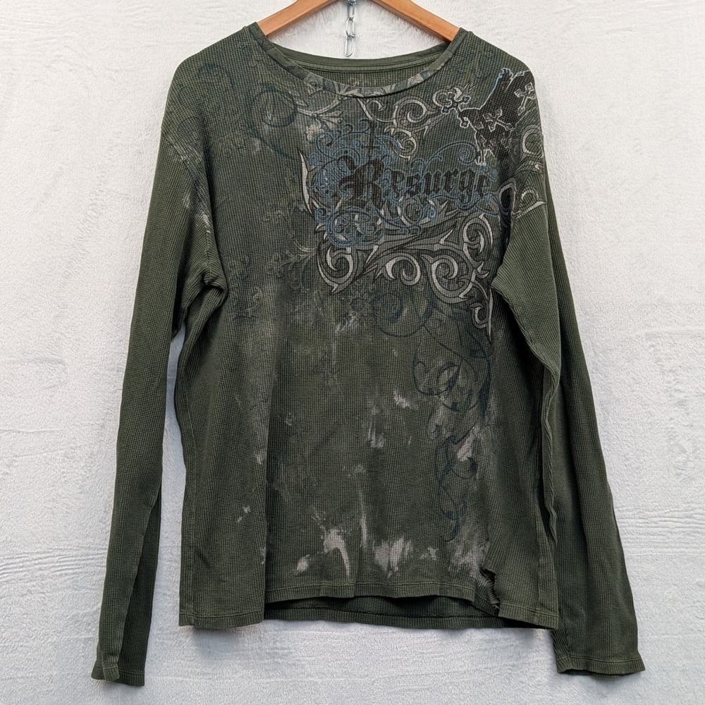 VTG Resurge Thermal Shirt Men's XL Olive Green Grunge Affliction Distressed Y2K